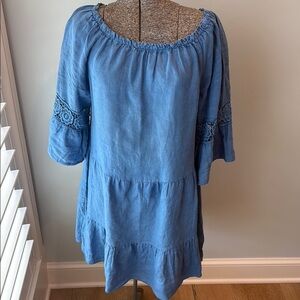 Italian Flowy Blue Linen Dress with Lace Details